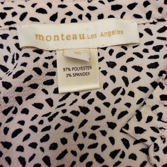 Monteau Los Angeles Faux Wrap Pink Black Peplum Flutter Sleeve Top Womens Size M - Picture 3 of 8